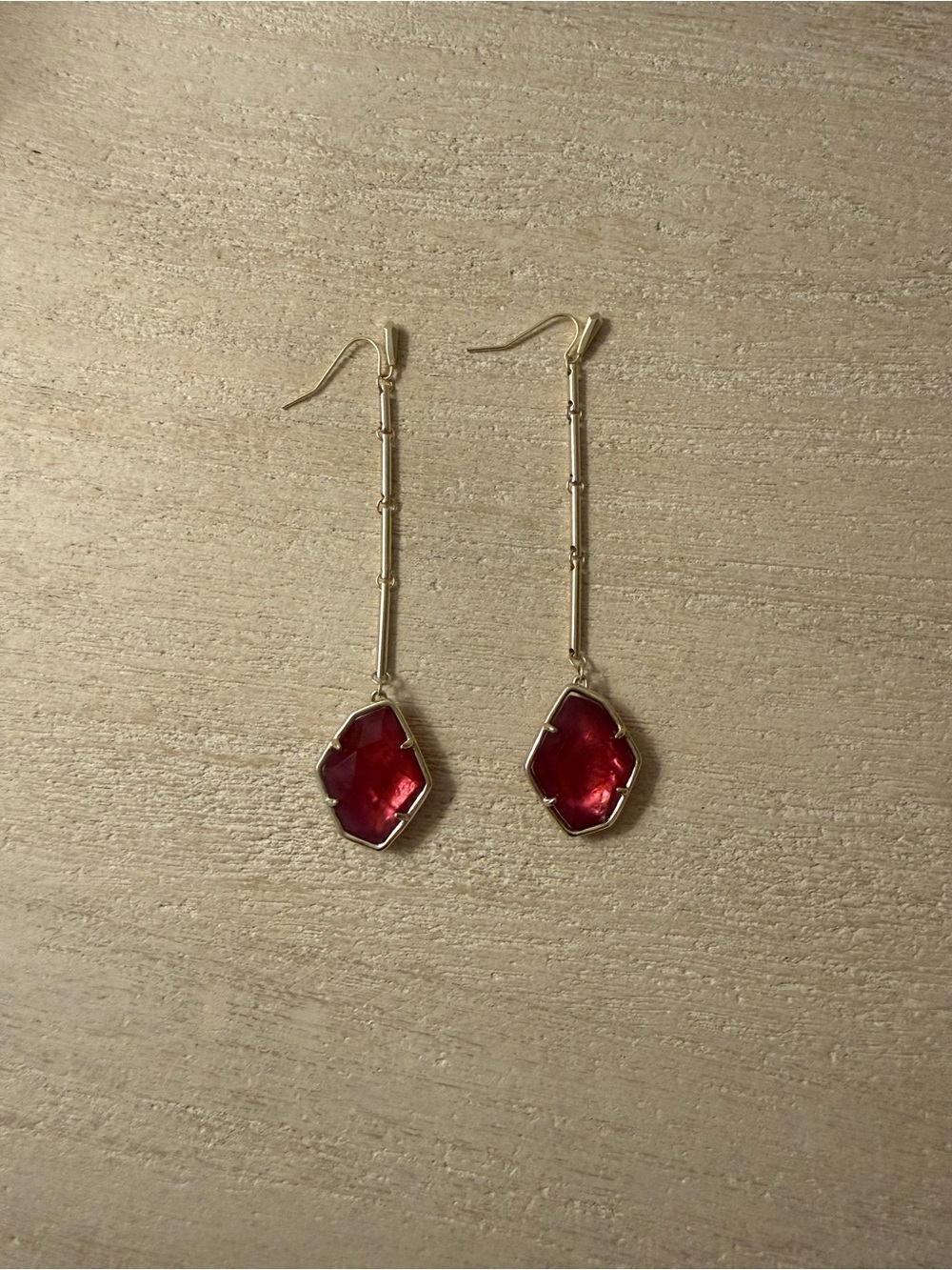 Gold Drop Earrings with Red Gemstone